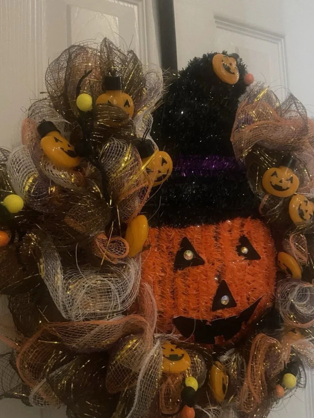 Halloween Deco Mesh Wreath Handmade Pumpkin, Purple Orange  Wall Decor Door 18”
